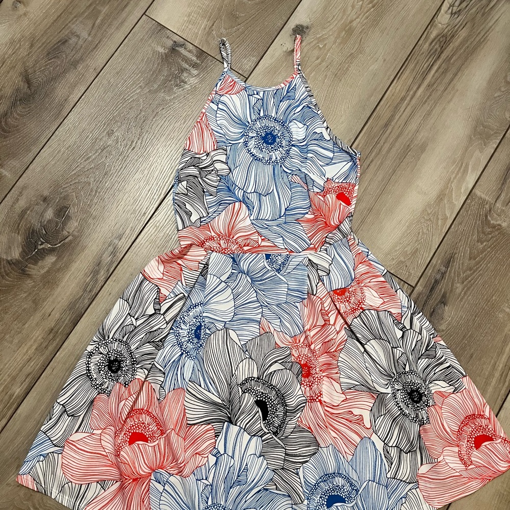 Floral Dress in Blue, Red, and Black